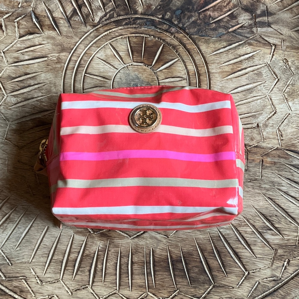 Tory Burch Pink Coral Striped Cosmetic Case with Gold Logo